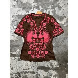 TORY BURCH Blouse Womens Size 6 Brown Embroidered 100%‎ Cotton Peacocks Orange